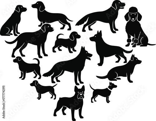A collection of black dog silhouettes in various poses on a white background, showcasing different breeds and sizes in a graphic illustration.