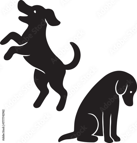 Two black dog silhouettes one jumping one sitting calmly
