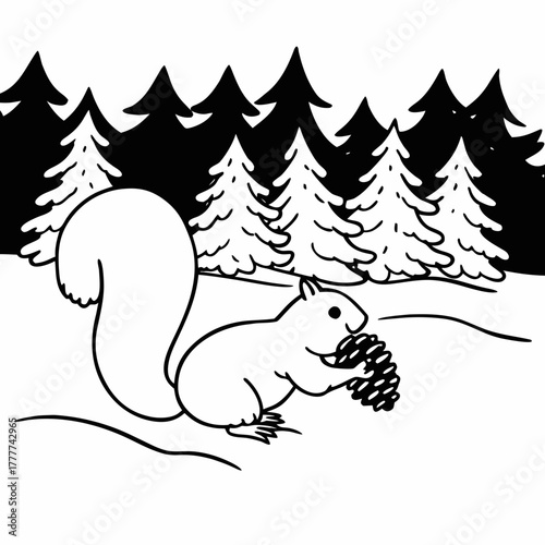 Squirrel eating a pine cone in a forest