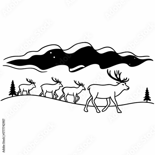 Silhouette of reindeer herd walking on snowy hill under starry sky