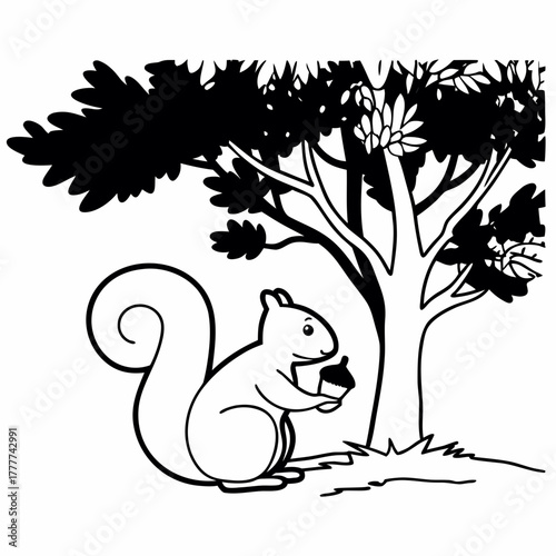 Squirrel eating an acorn under a tree