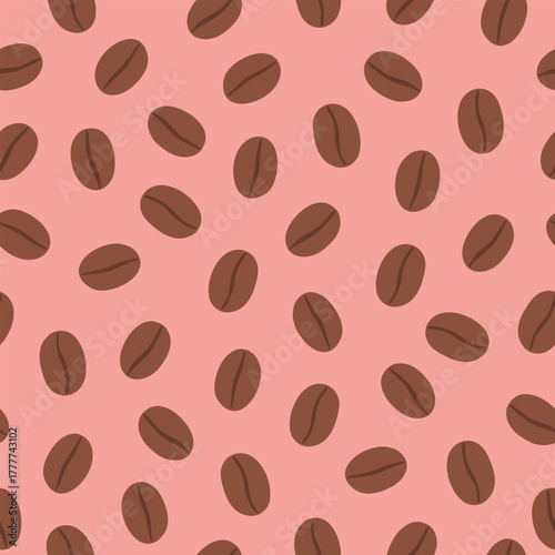 Coffee beans. Vector seamless pattern on pink background. Texture for wrapping paper or textile. 