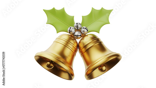 Elegant golden Christmas bells with festive holly leaves and silver jingle bells capture the spirit of holiday joy and celebration
