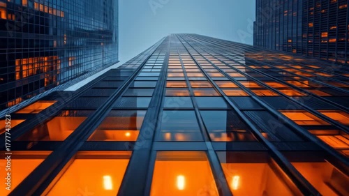 Wallpaper Mural Low angle shot of glass skyscrapers at dusk, reflecting orange office lights Torontodigital.ca