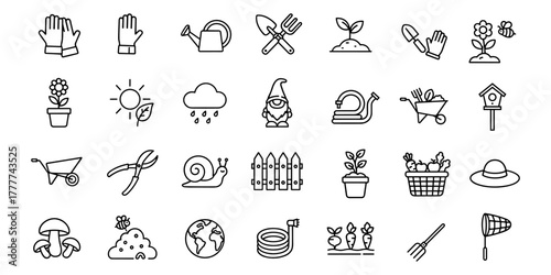 Delicate line art showcasing gardening tools and elements representing botanical hobby and environmental conservation ideal for website design or graphic projects