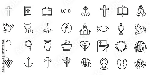 Christianity symbols icon set outline design depicting cross book fish praying hands dove church candle chalice shepherd cane angel halo rosary faith belief religion spirituality