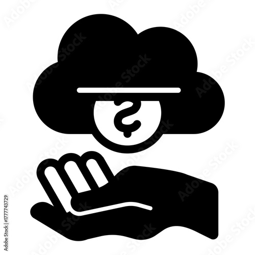Cloud with coin machine and hand solid icon, money payout concept. Vector graphics. Hand and cloud, finance sign on white background, style icon mobile or web design.