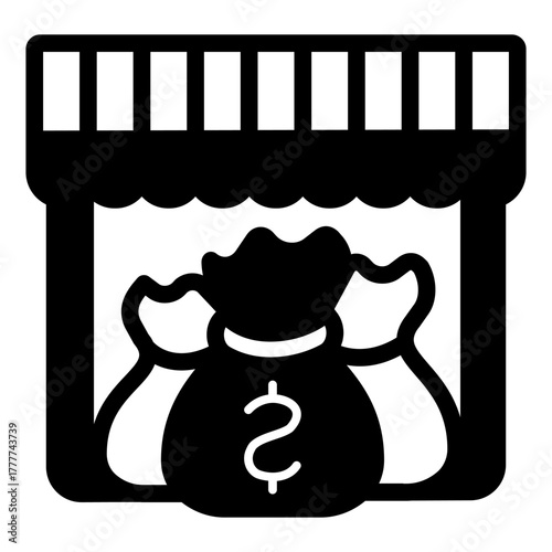 Market stall with money bags solid icon, finance concept. Vector graphics. Money sacks in store, funding sign on white background, style icon mobile or web design.