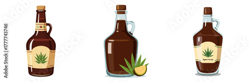 Agave syrup set with three bottles and labels on white background, isolated, vector, set