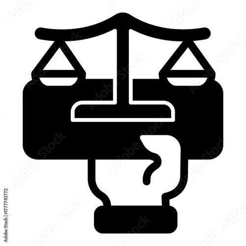 Hand and board with libra solid icon, finance and law concept. Vector graphics. Board of weigh scales in hand, justice sign on white background, style icon mobile or web design.
