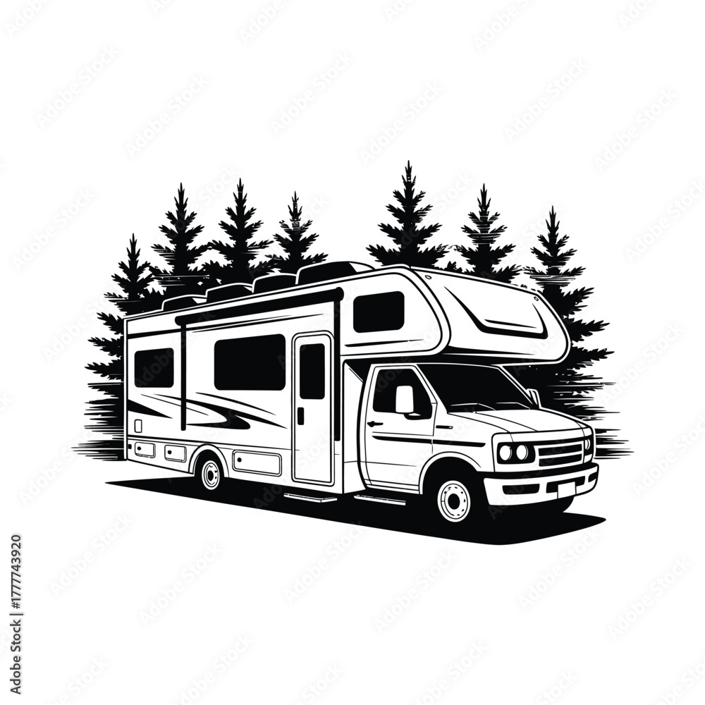 Naklejka premium Black and white sketch of a modern rv motorhome parked among pine trees