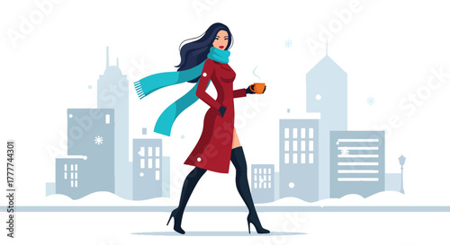 Flat vector of stylish woman walking confidently through snowy city street, holding warm coffee, wearing long coat and scarf, modern winter lifestyle scene in solid vivid colors
