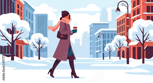 Flat vector of stylish woman walking confidently through snowy city street, holding warm coffee, wearing long coat and scarf, modern winter lifestyle scene in solid vivid colors
