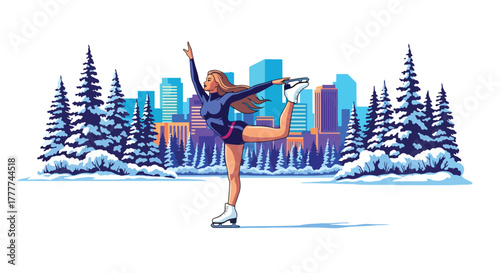 Flat vector of confident woman ice skating on frozen lake surrounded by pine trees, elegant pose and peaceful winter nature atmosphere, solid vivid colors
