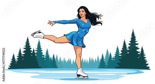 Flat vector of confident woman ice skating on frozen lake surrounded by pine trees, elegant pose and peaceful winter nature atmosphere, solid vivid colors