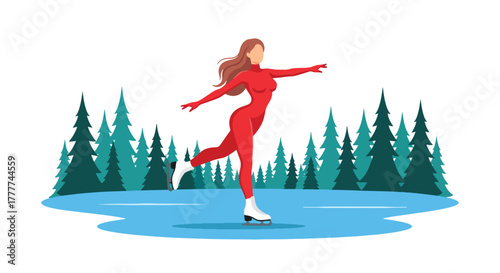 Flat vector of confident woman ice skating on frozen lake surrounded by pine trees, elegant pose and peaceful winter nature atmosphere, solid vivid colors