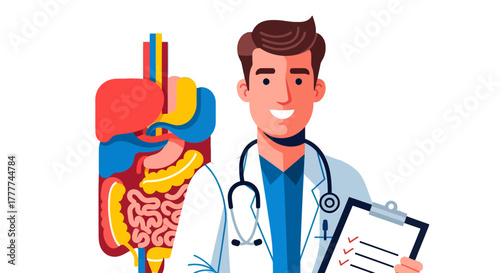 Medical Illustration Featuring A Smiling Doctor And Detailed Human Digestive System Artwork