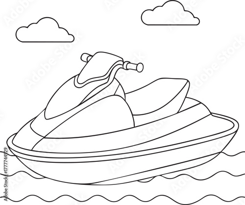 Jet ski line drawing illustration on water with clouds representing summer recreation