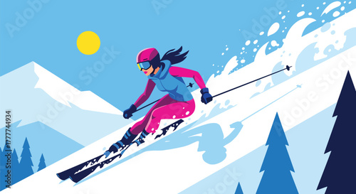 Flat vector of confident woman skiing down snowy mountain slope, action pose and winter adventure energy in flat bold style