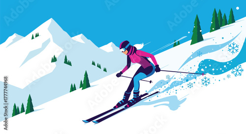 Flat vector of confident woman skiing down snowy mountain slope, action pose and winter adventure energy in flat bold style