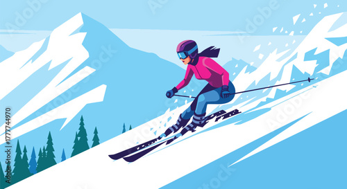 Flat vector of confident woman skiing down snowy mountain slope, action pose and winter adventure energy in flat bold style
