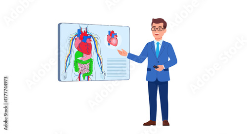 Medical Professional Presenting Human Anatomy Diagram in a Professional Visual Display