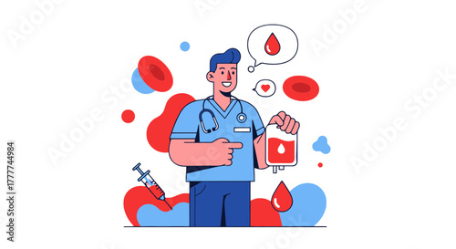 Medical Professional Promoting Blood Donation in Vector Illustration Style for Healthcare
