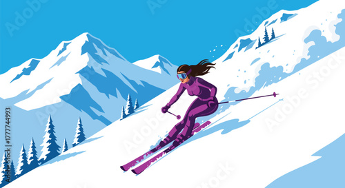 Flat vector of confident woman skiing down snowy mountain slope, action pose and winter adventure energy in flat bold style