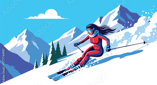 Flat vector of confident woman skiing down snowy mountain slope, action pose and winter adventure energy in flat bold style