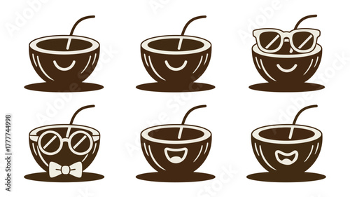 A charming Vector collection of coconut cartoon characters with various expressions and accessories