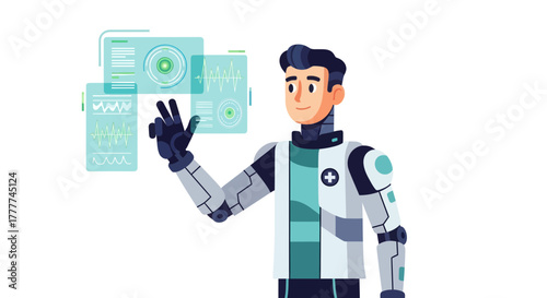 Medical Innovation: Futuristic Robot Doctor Interacting With Modern Diagnostic Technology