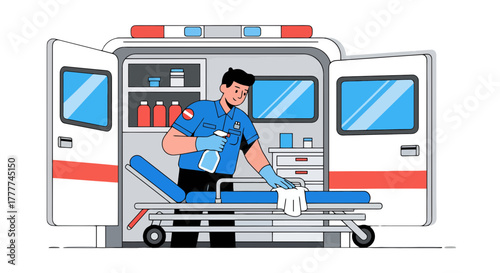 Medical Personnel Cleans Ambulance Stretcher Preparing For Future Emergency Situations