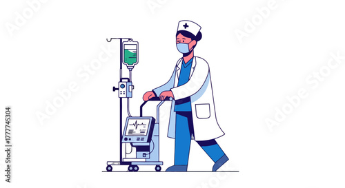 Medical Professional Administering Treatment with Modern Diagnostic Equipment Illustration