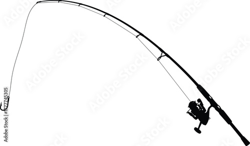 A bent fishing rod with a reel and line isolated on white background