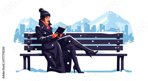 Flat vector of woman reading book on snow-covered park bench, peaceful winter break with scarf, boots, and warm drink beside her