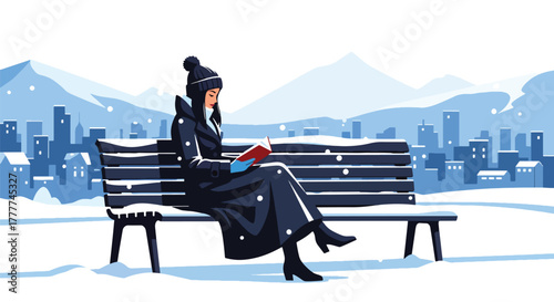 Flat vector of woman reading book on snow-covered park bench, peaceful winter break with scarf, boots, and warm drink beside her