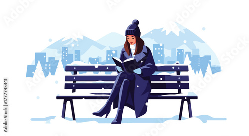 Flat vector of woman reading book on snow-covered park bench, peaceful winter break with scarf, boots, and warm drink beside her