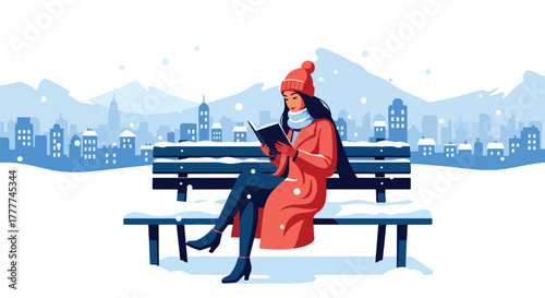 Flat vector of woman reading book on snow-covered park bench, peaceful winter break with scarf, boots, and warm drink beside her