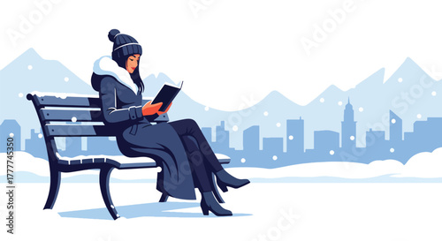 Flat vector of woman reading book on snow-covered park bench, peaceful winter break with scarf, boots, and warm drink beside her