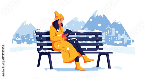 Flat vector of woman reading book on snow-covered park bench, peaceful winter break with scarf, boots, and warm drink beside her