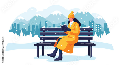 Flat vector of woman reading book on snow-covered park bench, peaceful winter break with scarf, boots, and warm drink beside her