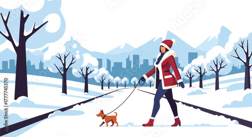 Flat vector of woman walking her dog along snowy path in winter park, soft snow on trees, peaceful outdoor activity