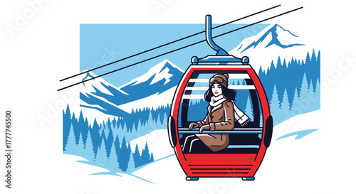 Flat vector of woman sitting inside winter cable car looking at snowy mountain landscape, serene travel adventure moment