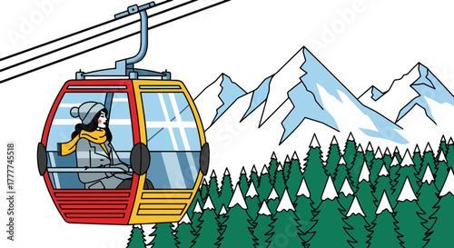 Flat vector of woman sitting inside winter cable car looking at snowy mountain landscape, serene travel adventure moment