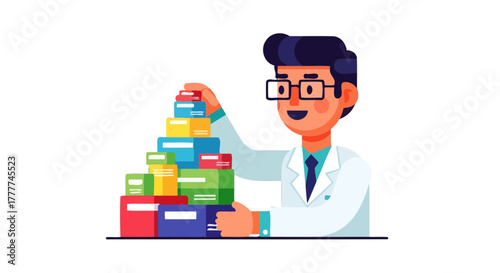Medical Professional Carefully Assembling a Pile of Colorful Pharmaceutical Packages