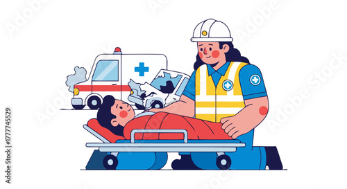 Medical Professional Attends Injured Person After Collision Scene With Ambulance Near