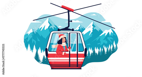 Flat vector of woman sitting inside winter cable car looking at snowy mountain landscape, serene travel adventure moment