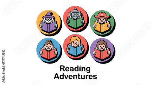 Vector art of Reading adventures featuring a wizard, robot, pirate, girl, and boy