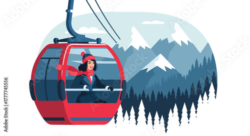 Flat vector of woman sitting inside winter cable car looking at snowy mountain landscape, serene travel adventure moment