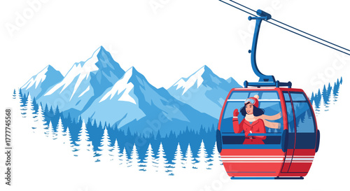 Flat vector of woman sitting inside winter cable car looking at snowy mountain landscape, serene travel adventure moment